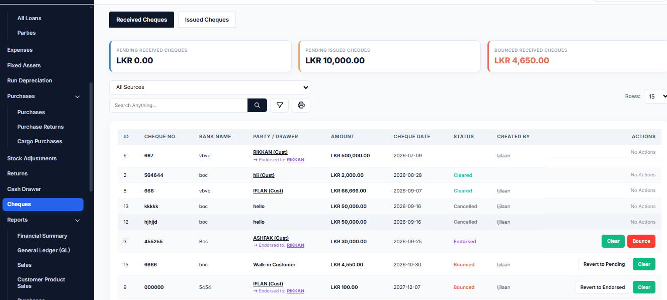 BANKAI POS cheque management screen